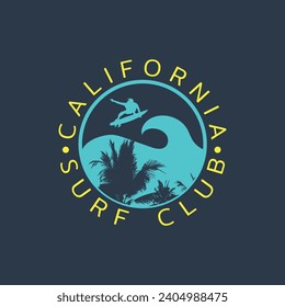 Vector illustration on the theme of surfing and surf in California. Stamp typography, t-shirt graphics, print, poster, banner, flyer, postcard