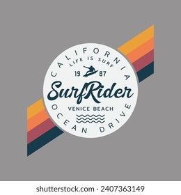 Vector illustration on the theme of surfing and surf rider in California. Sport typography, t-shirt graphics, print, poster, banner, flyer, postcard