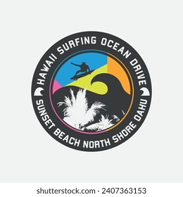 Ilustración vectorial sobre el tema del surf y el surf en Hawaii. Tipografía de sello, gráficos de camisetas, impresión, afiche, pancarta, volante, postal
