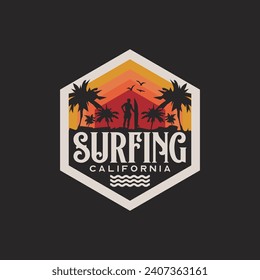 Vector illustration on the theme of surfing and surf in California. Sport typography, t-shirt graphics, print, poster, banner, flyer, postcard