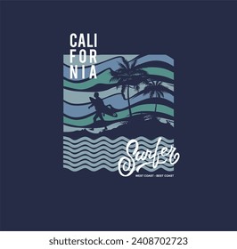 Vector illustration on the theme of surfing and surf in California. Vintage design. Sport typography, t-shirt graphics, print, poster, banner, flyer, postcard