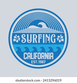Vector illustration on the theme of surfing and surf rider in California. Sport typography, t-shirt graphics, print, poster, banner, flyer, postcard
