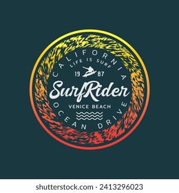 Vector illustration on the theme of surfing and surf rider in California. Sport typography, t-shirt graphics, print, poster, banner, flyer, postcard