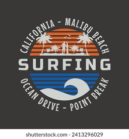 Vector illustration on the theme of surfing and surf rider in California. Sport typography, t-shirt graphics, print, poster, banner, flyer, postcard