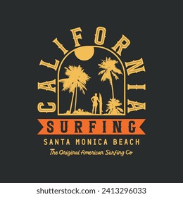 Ilustración vectorial sobre el tema del surf y el surf en California. Tipografía deportiva, gráficos para camisetas, impresión, afiche, pancarta, volante, postal