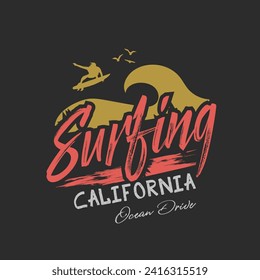 Vector illustration on the theme of surfing and surf in California. Sport typography, t-shirt graphics, print, poster, banner, flyer, postcard