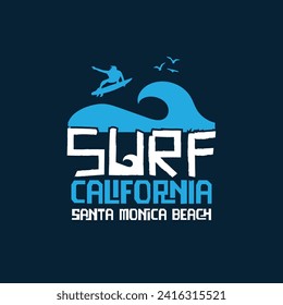 Vector illustration on the theme of surfing and surf riders in California. Vintage design. Sport typography, t-shirt graphics, print, poster, banner, flyer, postcard