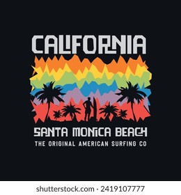 Vector illustration on the theme of surfing and surf rider in California. Sport typography, t-shirt graphics, print, poster, banner, flyer, postcard