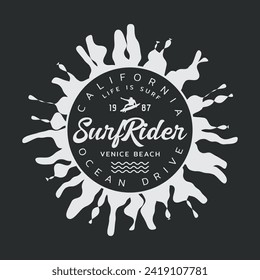 Ilustración vectorial sobre el tema del surf y el surf en California. Tipografía deportiva, gráficos para camisetas, impresión, afiche, pancarta, volante, postal
