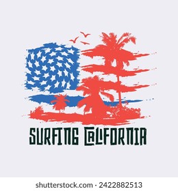Vector illustration on the theme of surfing and surf in California. American flag. Sport typography, t-shirt graphics, print, poster, banner, flyer, postcard