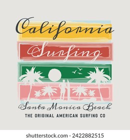 Vector illustration on the theme of surfing and surf in California. Sport typography, t-shirt graphics, print, poster, banner, flyer, postcard