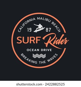 Ilustración vectorial sobre el tema del surf y el surf en California. Tipografía deportiva, gráficos para camisetas, impresión, afiche, pancarta, volante, postal