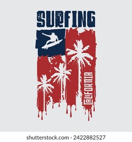 Vector illustration on the theme of surfing and surf in California. Vintage design. Grunge background. Sport typography, t-shirt graphics, print, poster, banner, flyer, postcard