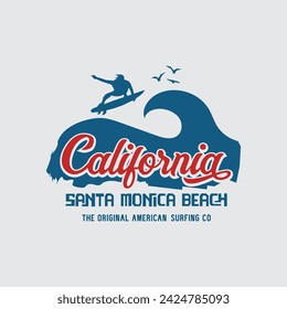 Vector illustration on the theme of surfing and surf in California. Sport typography, t-shirt graphics, print, poster, banner, flyer, postcard