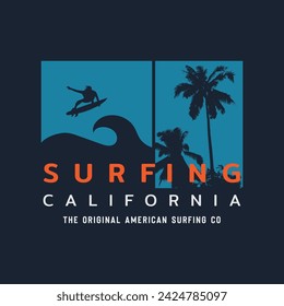 Vector illustration on the theme of surfing and surf in California. Sport typography, t-shirt graphics, print, poster, banner, flyer, postcard