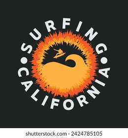 Ilustración vectorial sobre el tema del surf y surf en California. Tipografía deportiva, gráficos de camisetas, impresión, póster, banner, flyer, postal