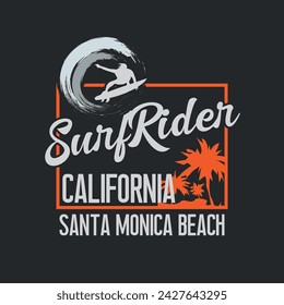 Vector illustration on the theme of surfing and surf in California. Sport typography, t-shirt graphics, print, poster, banner, flyer, postcard