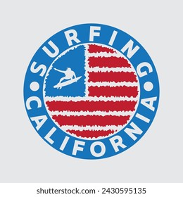 Vector illustration on the theme of surfing and surf in California. American flag. Sport typography, t-shirt graphics, print, poster, banner, flyer, postcard