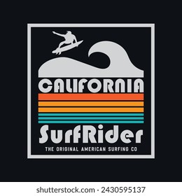 Vector illustration on the theme of surfing and surf riders in California. Vintage design. Sport typography, t-shirt graphics, print, poster, banner, flyer, postcard