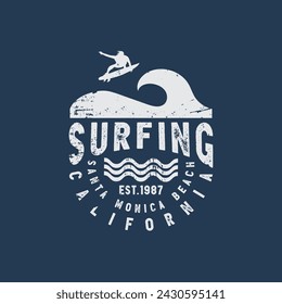 Vector illustration on the theme of surfing and surf riders in California. Vintage design. Sport typography, t-shirt graphics, print, poster, banner, flyer, postcard