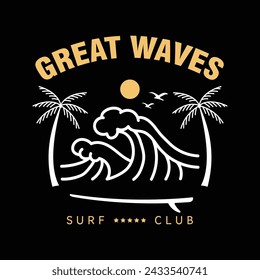 Vector illustration on the theme of surfing and surf. Sport typography, t-shirt graphics, print, poster, banner, flyer, postcard