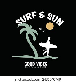 Vector illustration on the theme of surfing and surf. Sport typography, t-shirt graphics, print, poster, banner, flyer, postcard