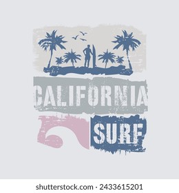 Vector illustration on the theme of surfing and surf in California. Sport typography, t-shirt graphics, print, poster, banner, flyer, postcard