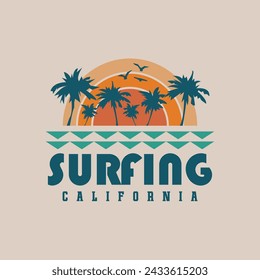 Ilustración vectorial sobre el tema del surf y surf en California. Tipografía deportiva, gráficos de camisetas, impresión, póster, banner, flyer, postal