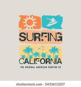 Vector illustration on the theme of surfing and surf in California. Sport typography, t-shirt graphics, print, poster, banner, flyer, postcard