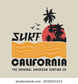 Ilustración vectorial sobre el tema del surf y surf en California. Tipografía deportiva, gráficos de camisetas, impresión, póster, banner, flyer, postal