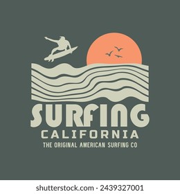 Vector illustration on the theme of surfing and surf riders in California. Vintage design. Sport typography, t-shirt graphics, print, poster, banner, flyer, postcard