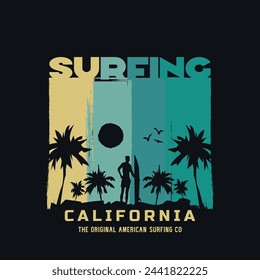 Vector illustration on the theme of surfing and surf riders in California. Vintage design. Sport typography, t-shirt graphics, print, poster, banner, flyer, postcard