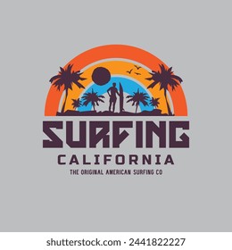 Vector illustration on the theme of surfing and surf riders in California. Vintage design. Sport typography, t-shirt graphics, print, poster, banner, flyer, postcard