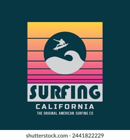 Vector illustration on the theme of surfing and surf in California. Sport typography, t-shirt graphics, print, poster, banner, flyer, postcard