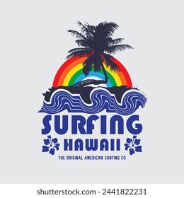 Vektor-Illustration zum Thema Surfen und Surfen auf Hawaii. Sport Typografie, T-Shirt Grafik, Print, Poster, Banner, Flyer, Postkarte