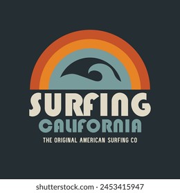 Vector illustration on the theme of surfing and surf riders in California. Vintage design. Sport typography, t-shirt graphics, print, poster, banner, flyer, postcard