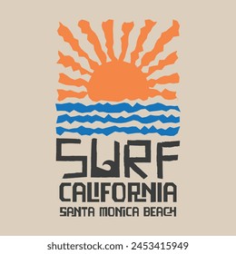Vector illustration on the theme of surfing and surf in California. Sport typography, t-shirt graphics, print, poster, banner, flyer, postcard