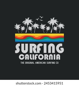 Vector illustration on the theme of surfing and surf in California. Sport typography, t-shirt graphics, print, poster, banner, flyer, postcard