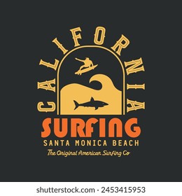 Vector illustration on the theme of surfing and surf riders in California. Vintage design. Sport typography, t-shirt graphics, print, poster, banner, flyer, postcard