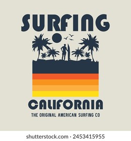 Vector illustration on the theme of surfing and surf in California. Sport typography, t-shirt graphics, print, poster, banner, flyer, postcard