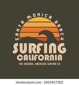 Vector illustration on the theme of surfing and surf riders in California. Vintage design. Sport typography, t-shirt graphics, print, poster, banner, flyer, postcard