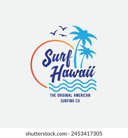 Vector illustration on the theme of surfing and surf in Hawaii. Sport typography, t-shirt graphics, print, poster, banner, flyer, postcard