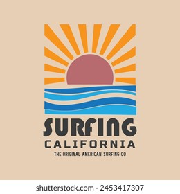 Ilustración vectorial sobre el surf y los surfistas en California. Diseño de Antiguas. Tipografía deportiva, gráficos de camisetas, estampado, póster, Anuncio, volante, postal