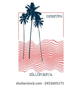 Ilustración vectorial sobre el tema del surf y surf en California, playa de Malibú. Tipografía, gráficos de camiseta, póster, impresión, Anuncio, flyer, postal