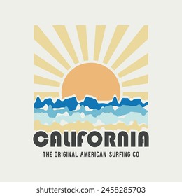 Ilustración vectorial sobre el surf y surf en California. Tipografía deportiva, gráficos de camisetas, estampado, póster, Anuncio, volante, postal