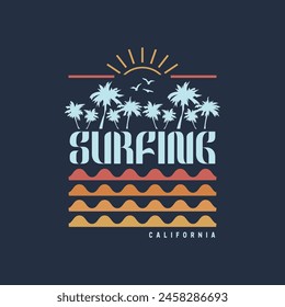 Ilustración vectorial sobre el surf y los surfistas en California. Diseño de Antiguas. Tipografía deportiva, gráficos de camisetas, estampado, póster, Anuncio, volante, postal