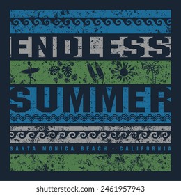 Vector illustration on the theme of surfing and surfing in California. Summer typography, t-shirt graphics, print, poster, banner, flyer, postcard