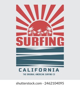 Vector illustration on the theme of surfing and surf in California. Sport typography, t-shirt graphics, print, poster, banner, flyer, postcard