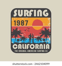 Vector illustration on the theme of surfing and surf riders in California. Vintage design. Sport typography, t-shirt graphics, print, poster, banner, flyer, postcard