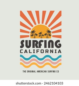 Ilustración vectorial sobre el surf y surf en California. Tipografía deportiva, gráficos de camisetas, estampado, póster, Anuncio, volante, postal